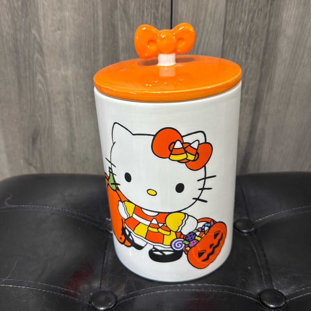 Hello Kitty Orange Bow Halloween Ceramic Canister Dog Pet Treat Snack Candy Jar